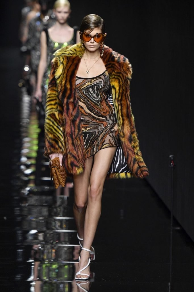 Kaia Gerber walks for Versace autumn/winter 2020 at London Fashion Week on 17 February 2020